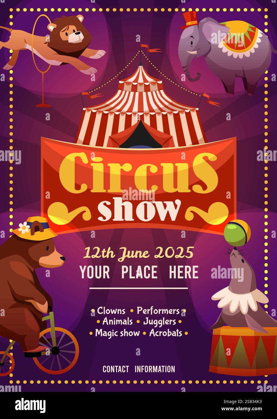 Poster della mostra Chapiteau. Invito al circo con animali addestrati, spettacolo di intrattenimento, leone cartoni animati, gatto, orso in bicicletta, navy seal, banner pubblicitario Illustrazione Vettoriale