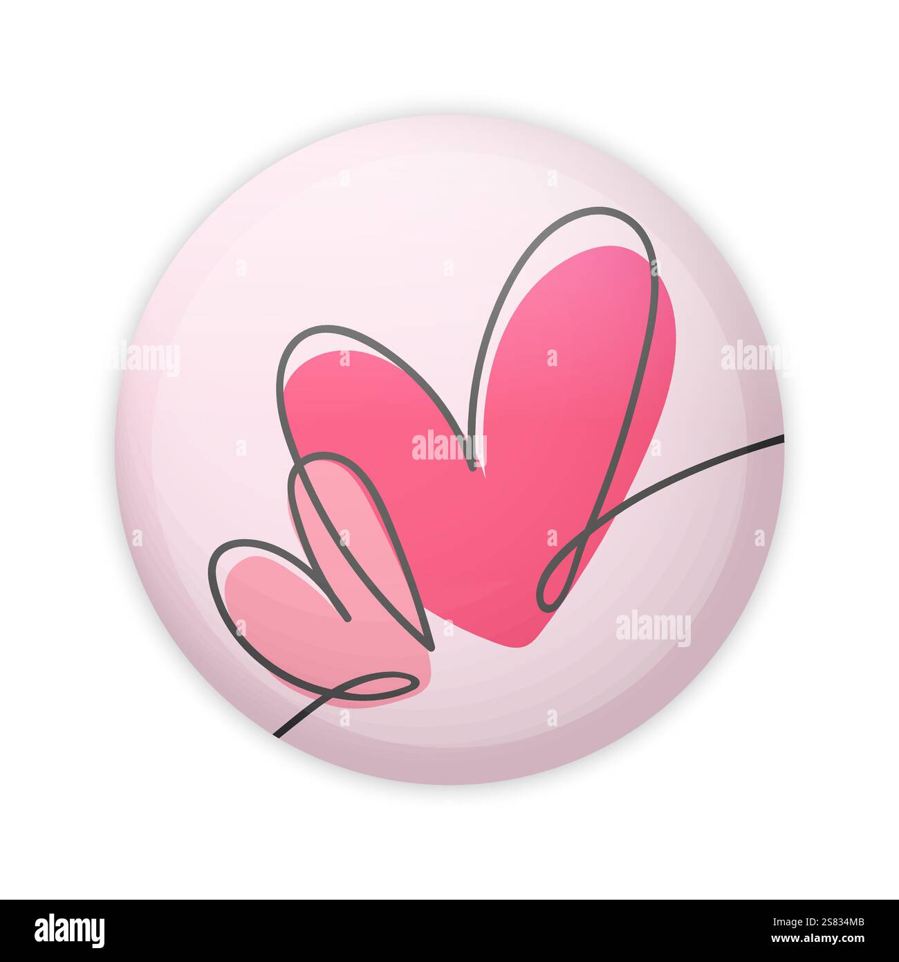 Pulsante lucido con due cuori disegnati con linea continua. Perno rotondo in plastica. Illustrazione vettoriale Illustrazione Vettoriale