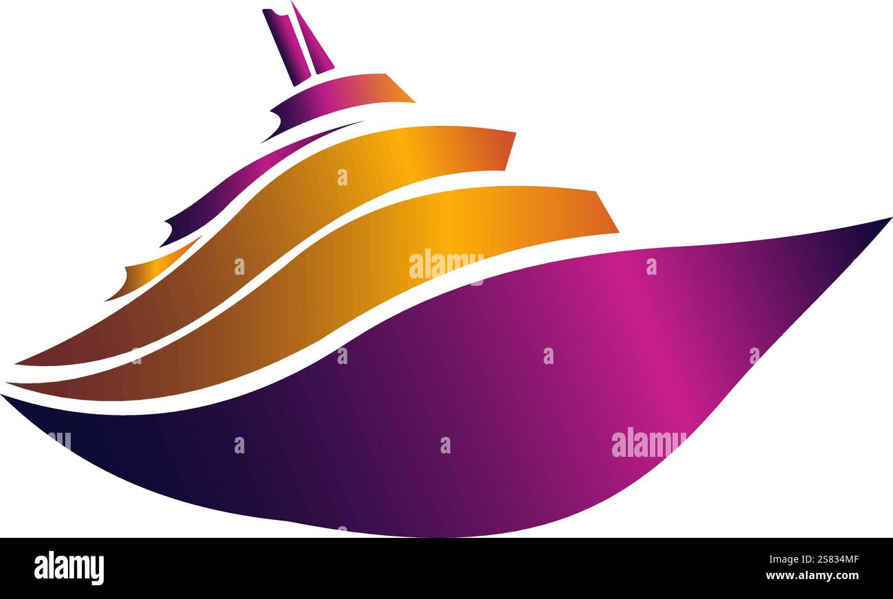 Elegante logo vettoriale della nave da crociera in vivaci tonalità arancione, viola, rosso, che simboleggia viaggi, lusso, avventura in mare aperto Illustrazione Vettoriale