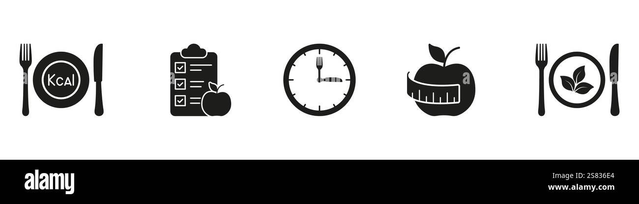 Set di icone di silhouette per il monitoraggio delle calorie e la pianificazione dei pasti per una dieta sana. Simboli nutrizionali e di gestione del peso. Illustrazione del vettore isolato Illustrazione Vettoriale