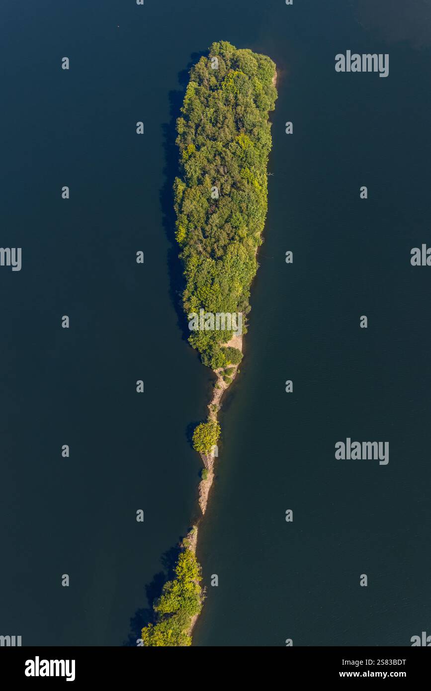 Vista aerea, Ennepetalsperre con isola boscosa, confini della città Ennepetal, Boßel, Breckerfeld, zona della Ruhr, Renania settentrionale-Vestfalia, Germania Foto Stock