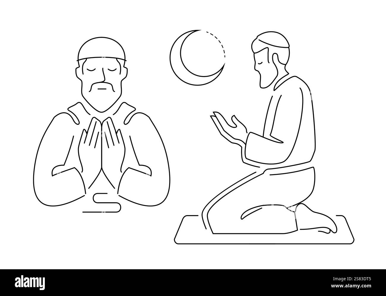 Uomo musulmano seduto a pregare sul tappeto di preghiera. Simbolo dell'Islam in stile lineare Illustrazione Vettoriale