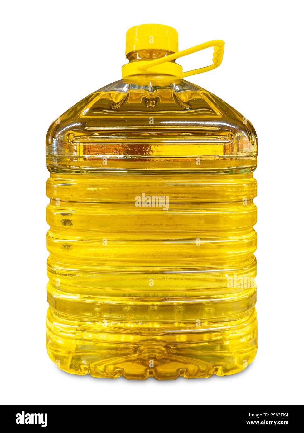 Bottiglia di plastica da cinque litri di olio di girasole, arachidi o semi di mais isolata su bianco con percorso di ritaglio incluso Foto Stock