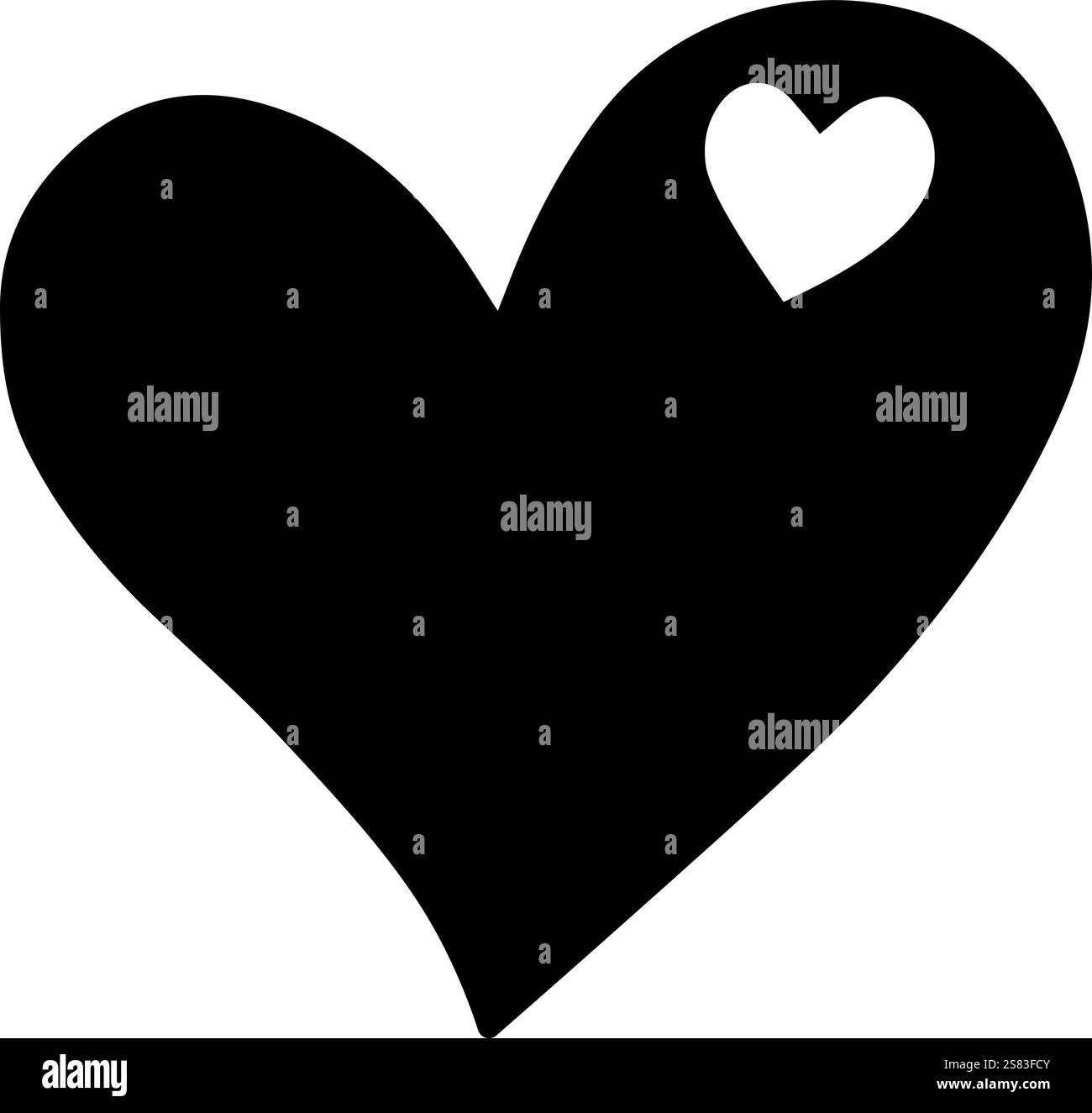 Forma a cuore nera con una forma a cuore bianca più piccola che rappresenta amore, romanticismo, san valentino ed emozioni positive, isolata su un bianco Illustrazione Vettoriale