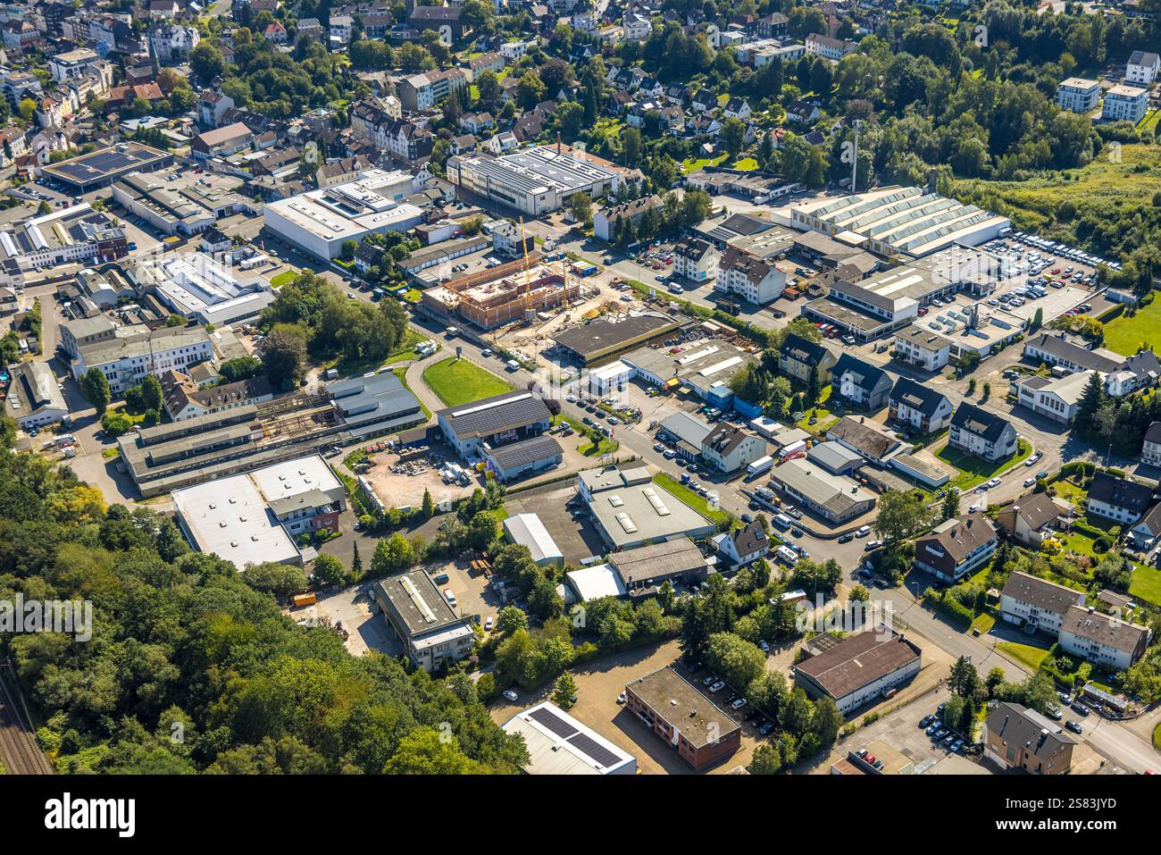 Vista aerea, zona industriale e cantiere con il nuovo supermercato Aldi a Breitenfelder Straße, Gevelsberg, regione della Ruhr, Renania settentrionale-Vestfalia, Foto Stock