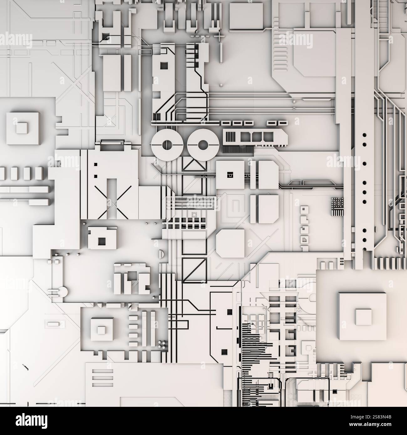 rendering 3d, illustrazione di scheda madre, componenti in silicio, chip, big data, futuristico concetto astratto di internet e tecnologia dell'informazione. Tecno Foto Stock