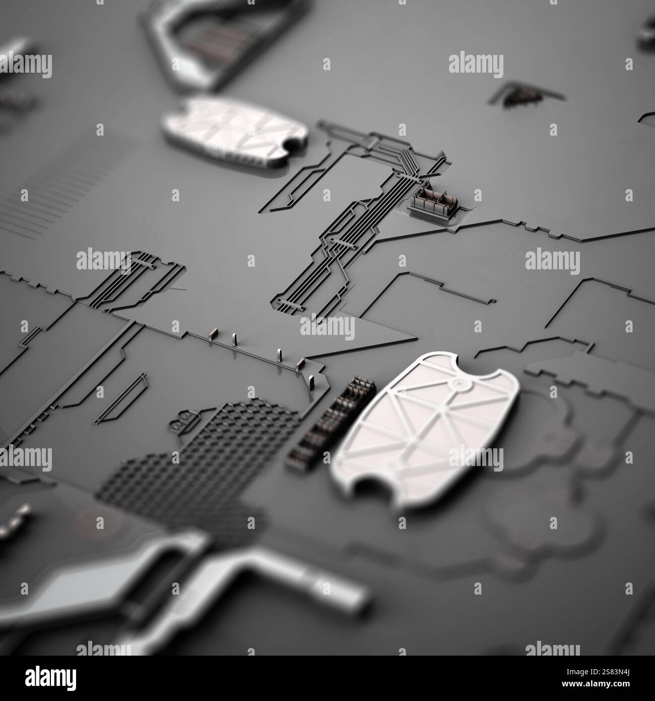 rendering 3d, illustrazione di scheda madre, componenti in silicio, chip, big data, futuristico concetto astratto di internet e tecnologia dell'informazione con de Foto Stock