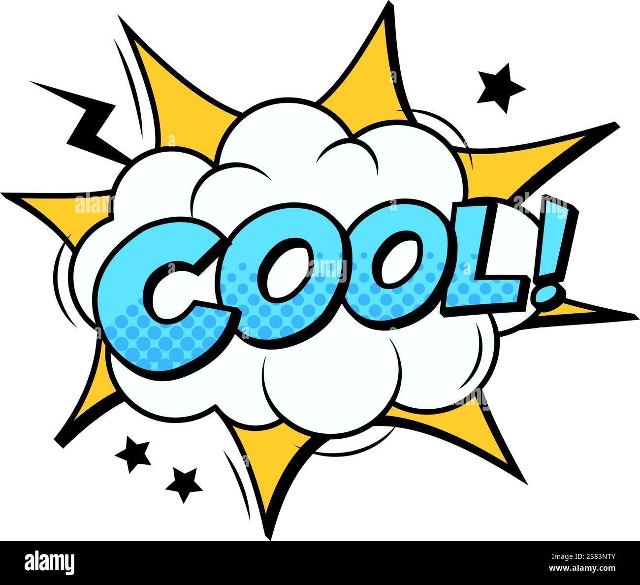 Un fantastico fumetto grida con stelle e fulmine che esplodono dal cloud con puntini mezzitoni in parola cool che esprimono entusiasmo e approvazione Illustrazione Vettoriale