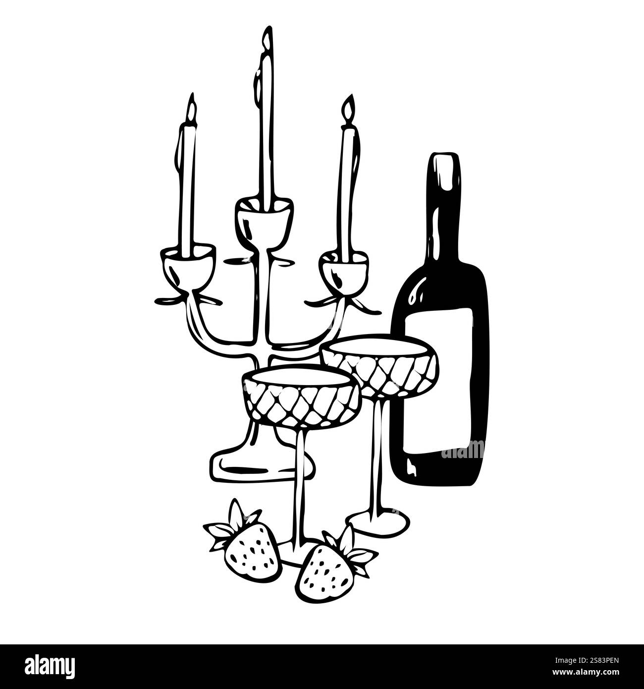 Illustrazione minimalista a linee vettoriali disegnate a mano di una bottiglia di vino, candelabro con candele, fragole ed eleganti bicchieri. Perfetto per romantici Illustrazione Vettoriale