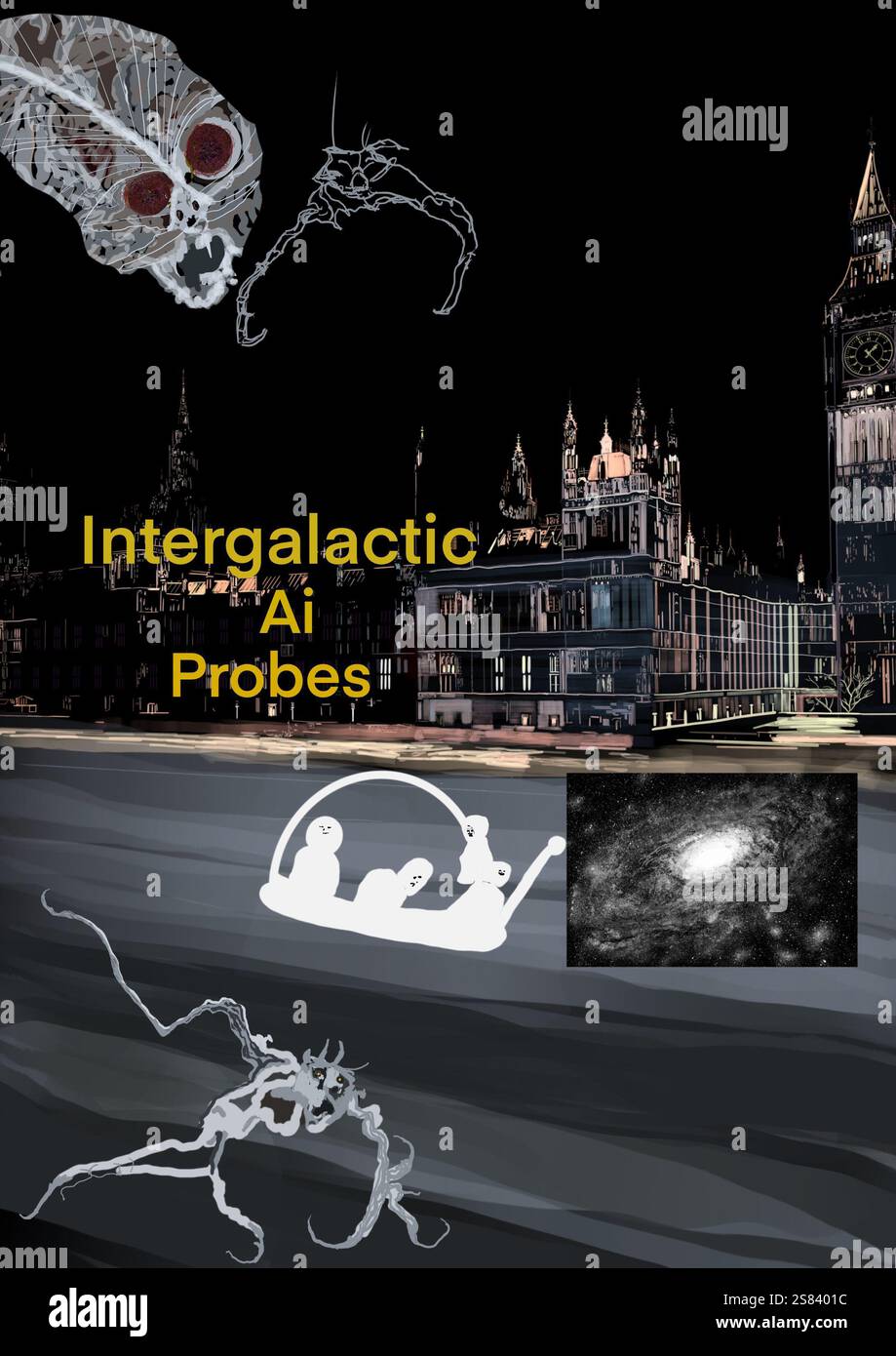 Intelligenza artificiale. Sonde intergalattiche ai. Sonde aliene. Comunicazione. Contatto. Abstract quotidiano. Art. Pittura digitale. Arte astratta. Edificio del Parlamento. Westminster. Camera dei comuni. Fiume Tamigi. Camera dei Lord. Scena notturna. Testo. Futuro. Paura dell'intelligenza artificiale. Esplorazione spaziale. Pittura di galassia acrilica. Foto Stock