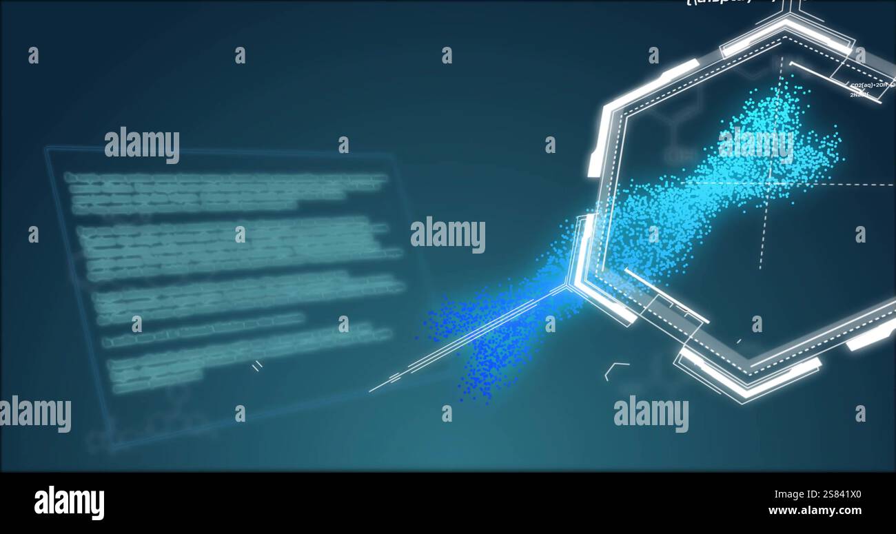 Immagine della formula chimica sull'elaborazione dei dati e sul filamento di dna Foto Stock