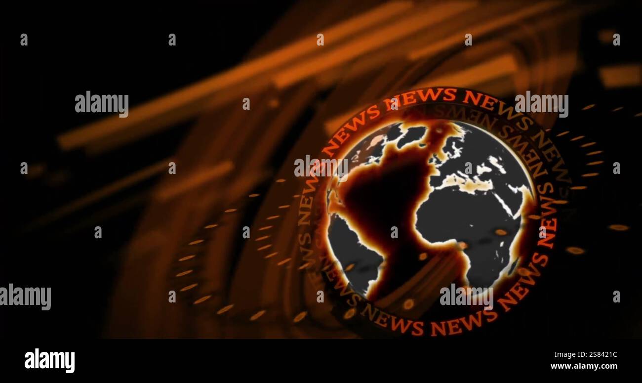 Immagine del globo con testi di notizie su forme in movimento Foto Stock