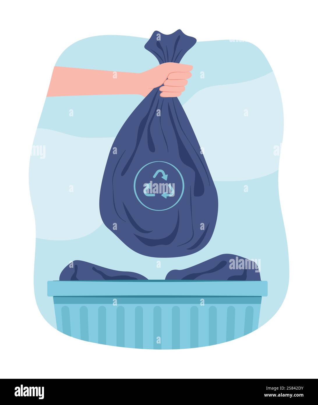 Illustrazione del concetto di riciclaggio e smistamento dei rifiuti da parte di una mano umana che tiene il sacchetto per i rifiuti per la lettiera nel cestino per lo smistamento e il riciclaggio dei rifiuti Illustrazione Vettoriale
