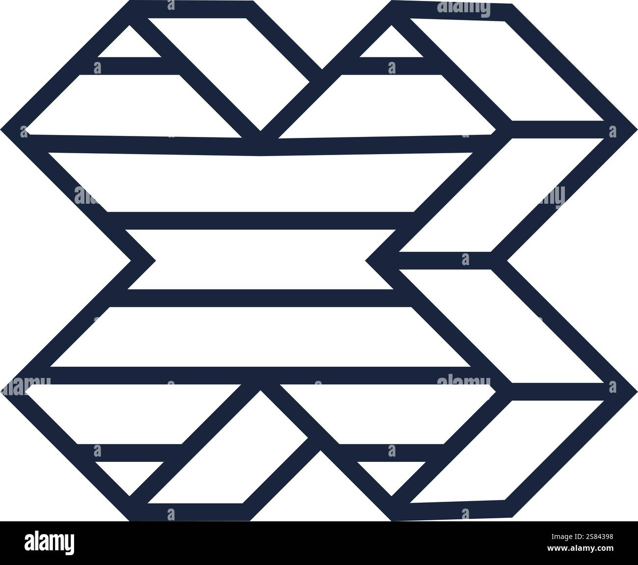 Creando un'illusione ottica geometrica, questa figura impossibile forma una x con linee parallele, perfetta per l'uso in illustrazioni, loghi e modernità Illustrazione Vettoriale