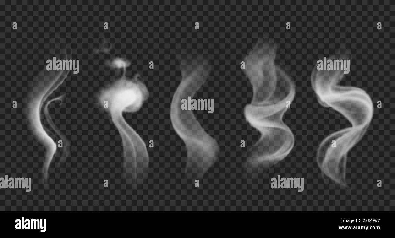 Set di fumo, vapore e nebbia realistici vettoriali. Illustrazione Vettoriale