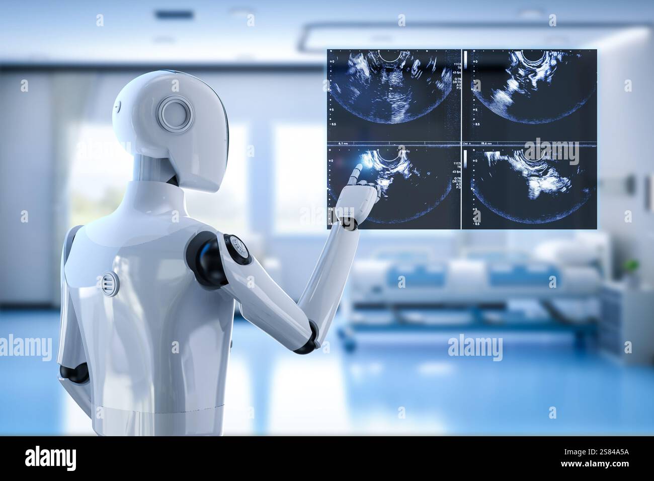 Il concetto di tecnologia medica con robot di rendering 3d interpreta l'emissione di ultrasuoni Foto Stock