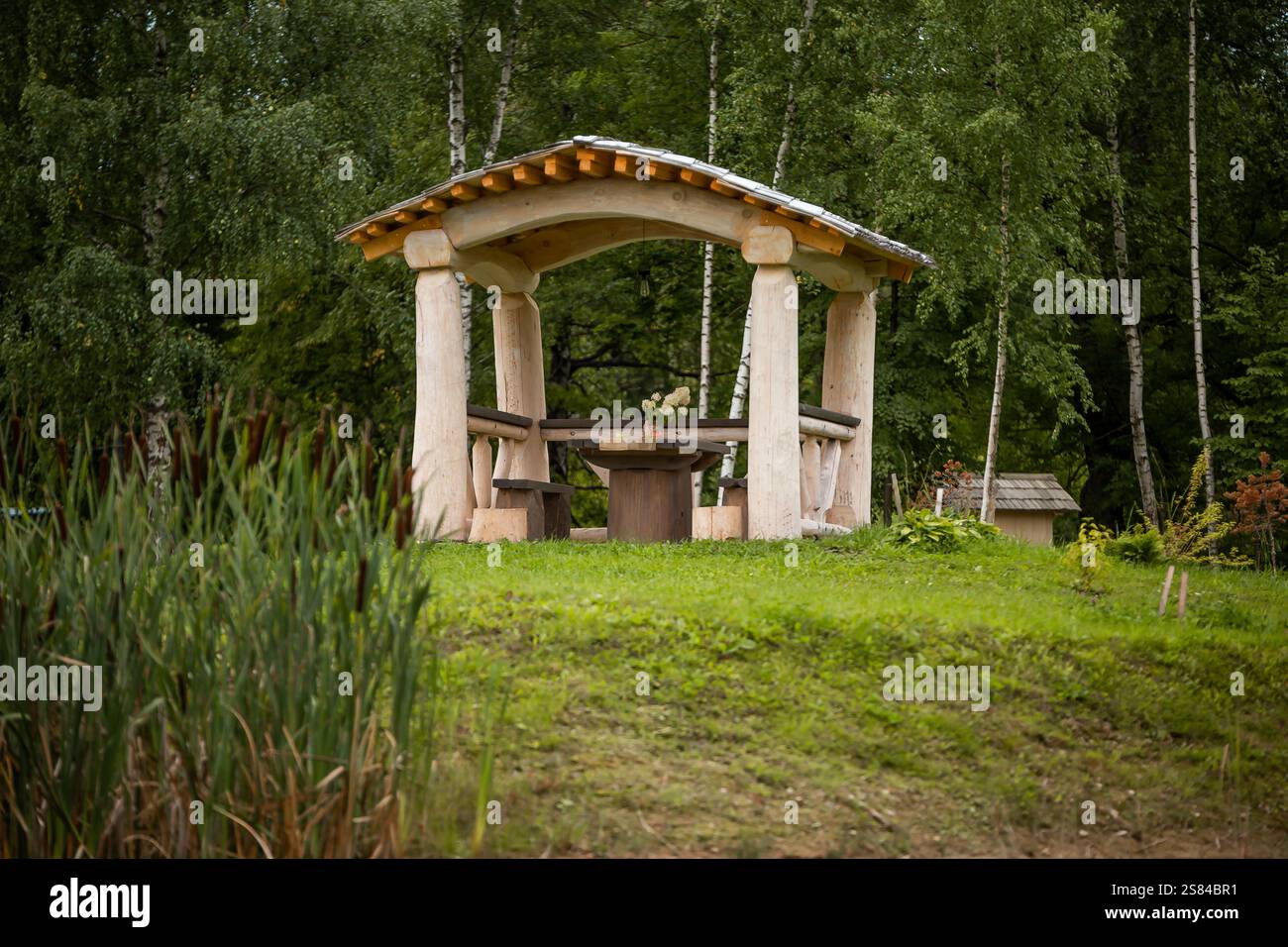 Un gazebo in legno con tetto spiovente e colonne arrotondate si erge sull'erba, circondato da alti alberi e canne, con un piccolo capannone sullo sfondo. Foto Stock