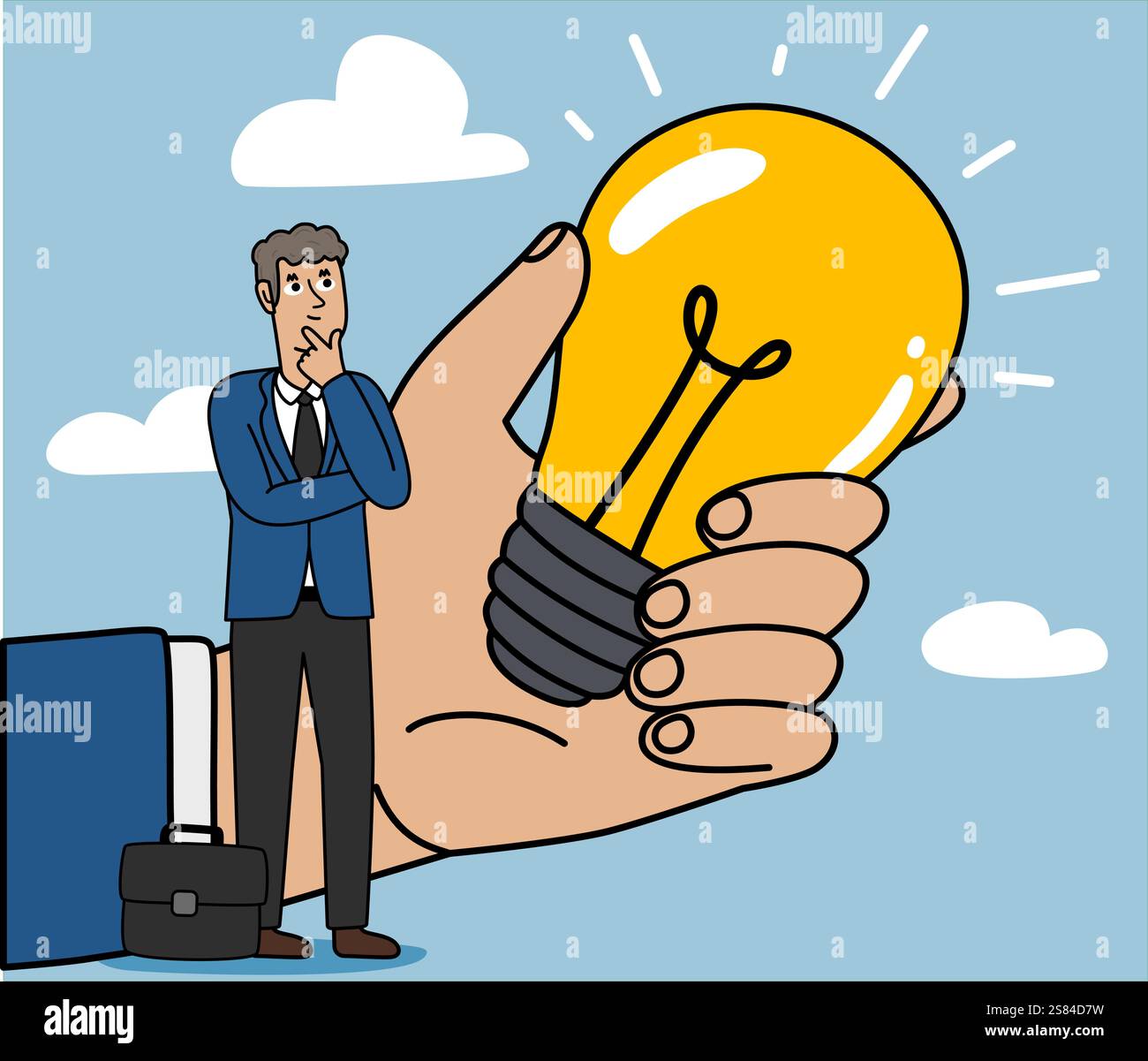 Uomo d'affari che pensa a una grande idea, idea di business vincente, illustrazione di una grande impresa Illustrazione Vettoriale
