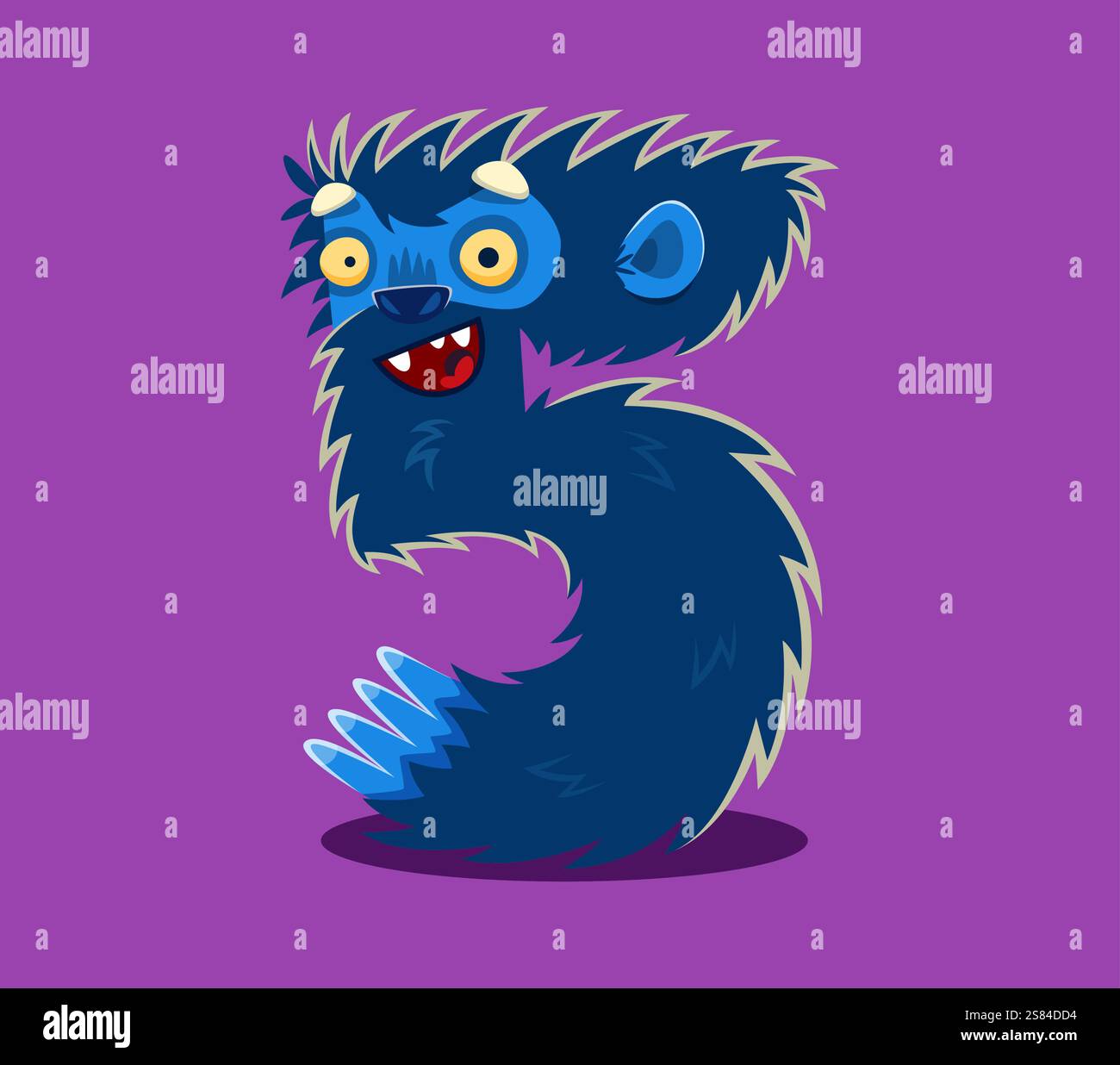 Carattere Halloween cifra 5 cinque divertente personaggio mostro. Pazzesco numero di caratteri della bestia fantasy, personaggio o numero del carattere vettoriale del mostro horror yeti. Bizzarro personaggio peloso simbolo numerico del carattere Illustrazione Vettoriale