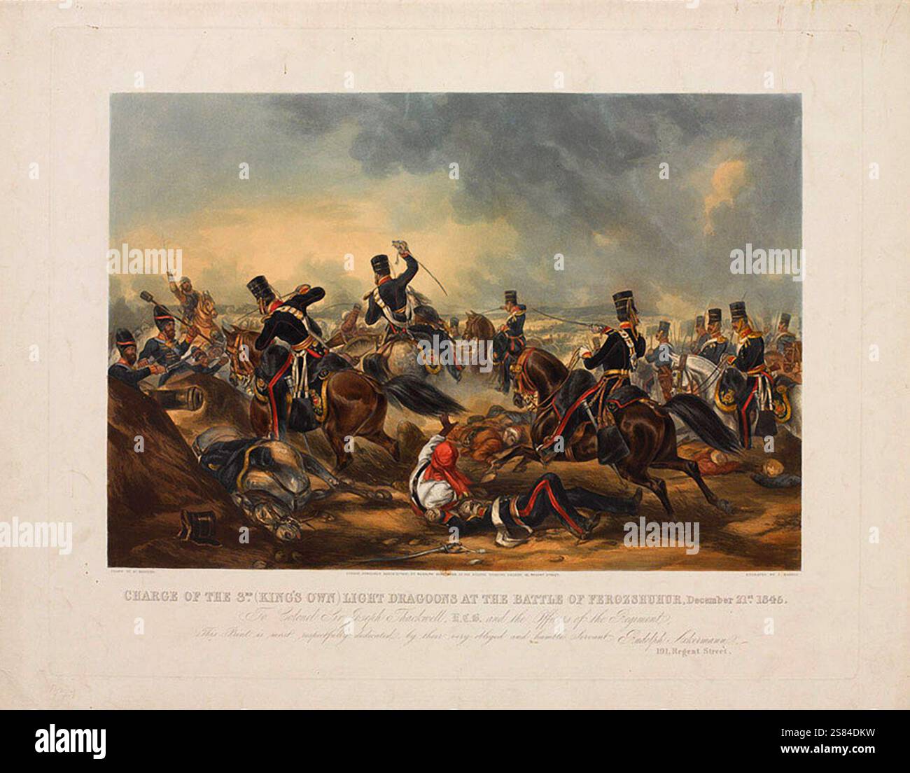La carica del 3° (King's Own) illumina i dragoni nella battaglia di Ferozeshah. La battaglia di Ferozeshah ebbe luogo il 21 e 22 dicembre 1845. La prima guerra anglo-sikh scoppiò come risultato dell'Impero Sikh del Punjab che cadde in disordine dopo la morte del Maharajah Ranjit Singh nel 1839, e del desiderio britannico di assicurarsi il Punjab. L'esercito Sikh, il Khalsa, era guidato da alcuni dei contendenti per il potere nel Punjab e le proprie ambizioni di indipendenza e gloria nell'attraversare il fiume Sutlej nel territorio rivendicato dagli inglesi. Foto Stock
