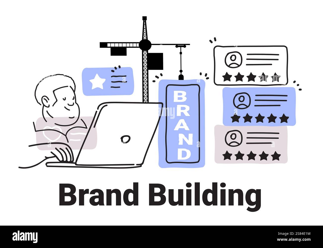 Il concetto di costruzione del marchio con la persona al sollevamento di gru per computer portatili il marchio indica le stelle che valutano il design minimalista del sito Web in stile doodle Illustrazione Vettoriale