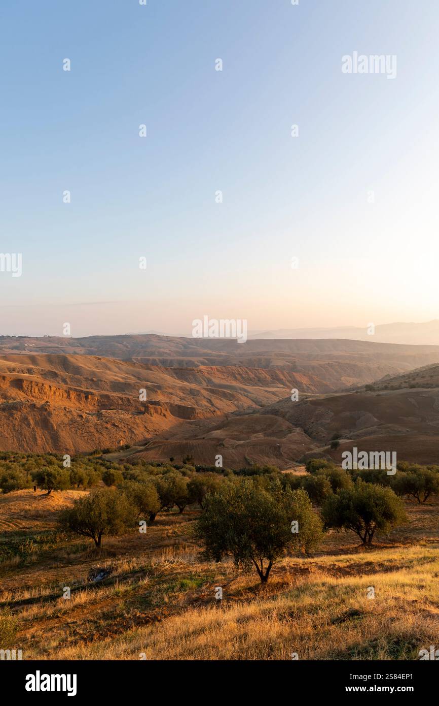 Colline e valli sotto la luce soffusa e calda di un sole nascente Foto Stock
