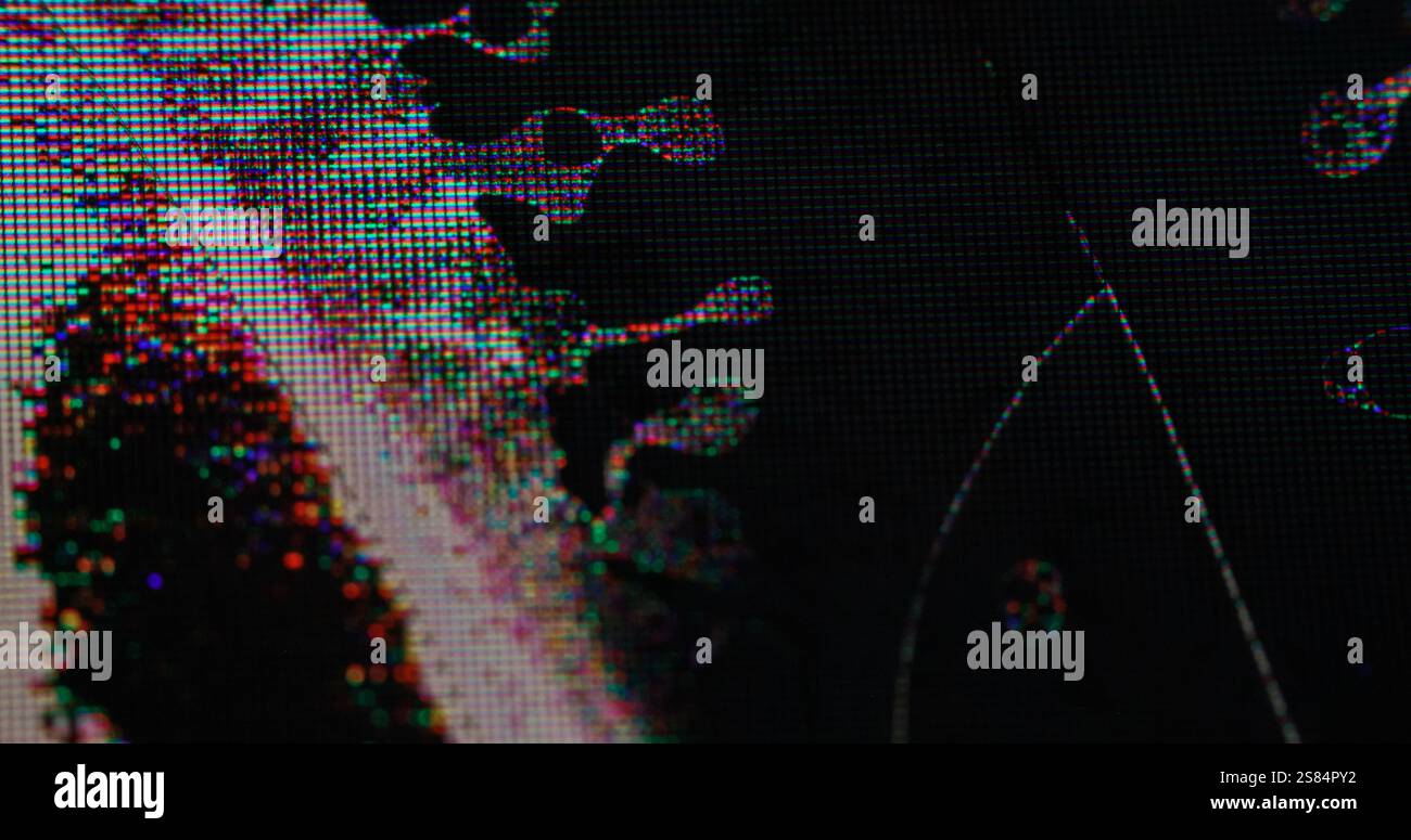 Rumore VHS. Schermo rotto. Liquido nero ondulato su TV al plasma con superficie danneggiata. Effetto sfocatura dei pixel colorati. Foto Stock