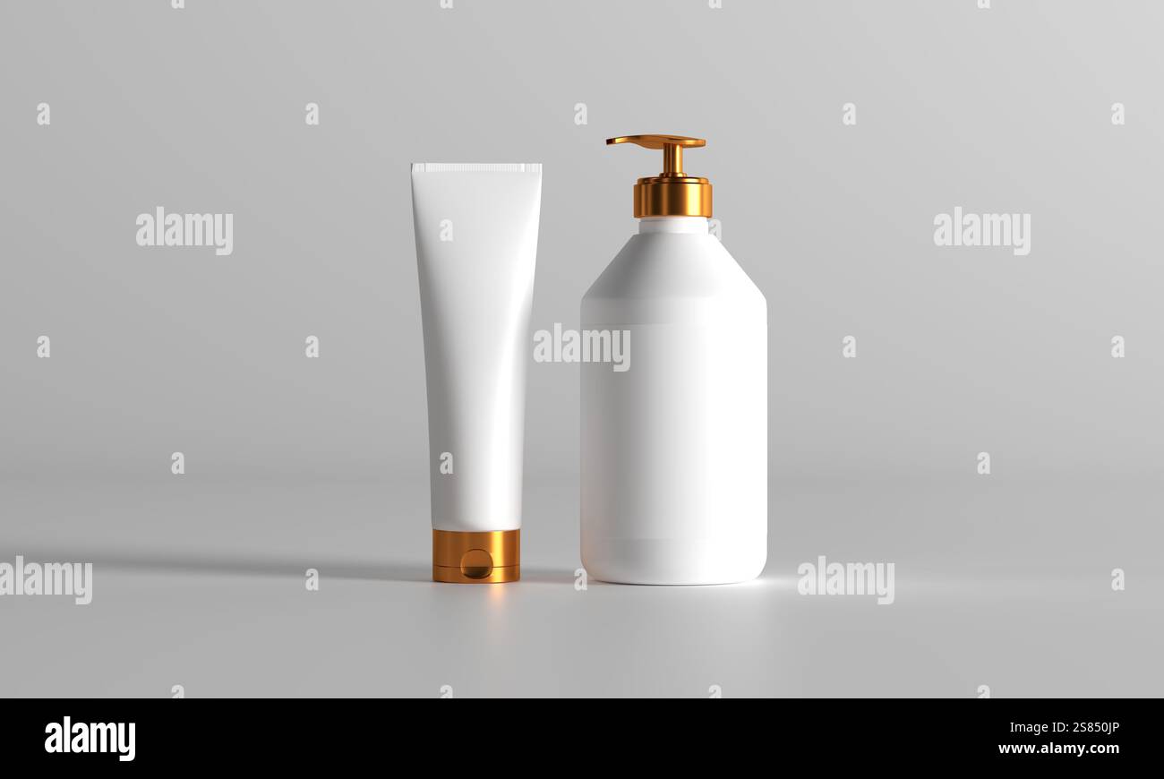 Rendering 3D minimalista di confezioni cosmetiche con tubo bianco e flacone tiralatte Foto Stock