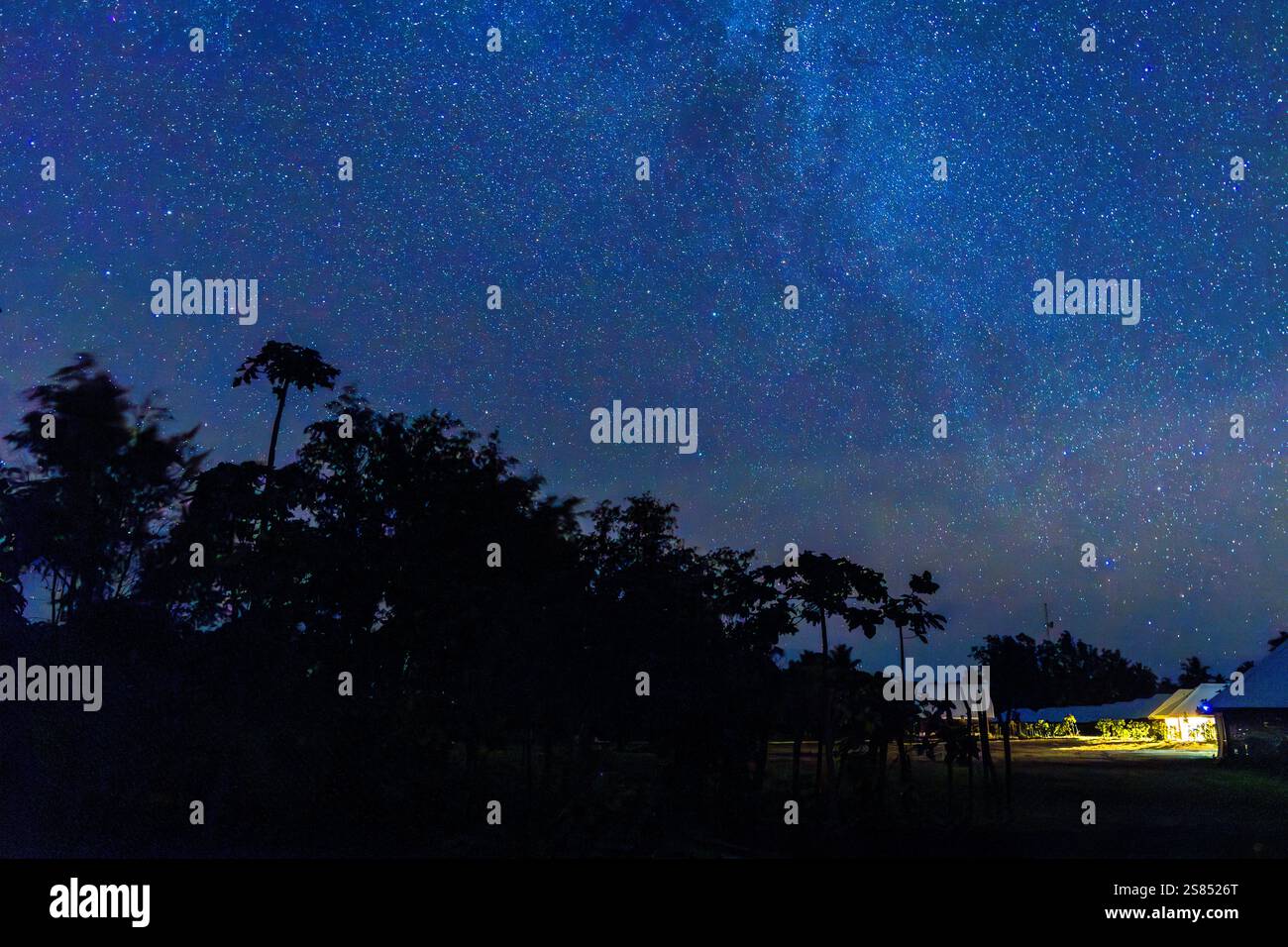 Cielo stellato sopra l'insediamento di Bird Island, Seychelles Foto Stock