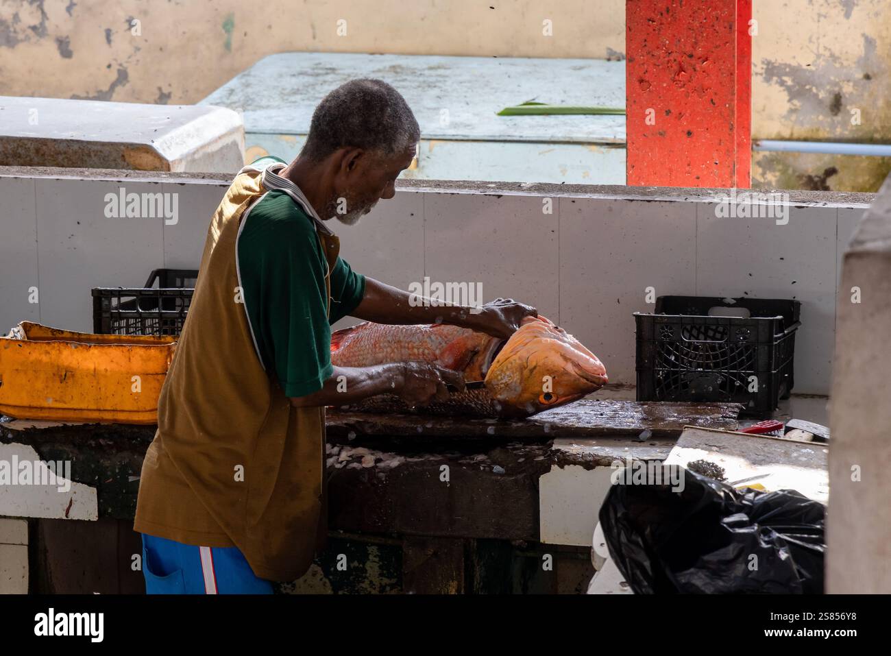 Venditore che taglia il pesce al mercato di Victoria, Mahé, Seychelles Foto Stock