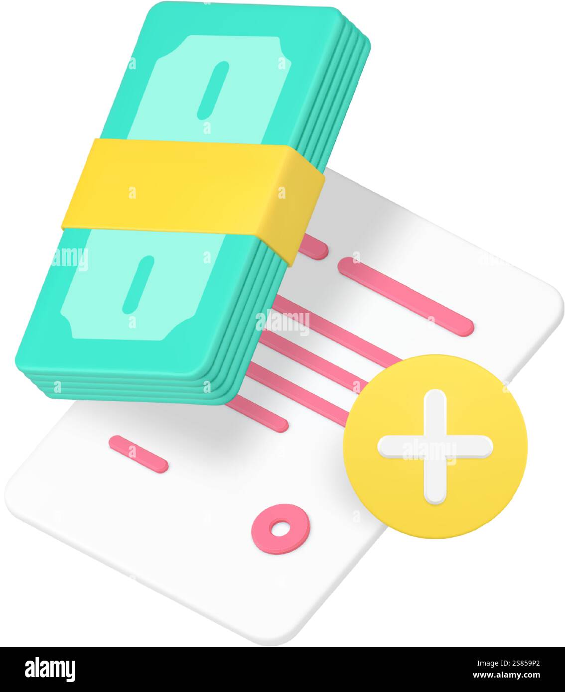 Documento del contratto finanziario tasse assicurative contanti aggiunta di pagamento icona 3d illustrazione vettoriale realistica. Credito mutuo commerciale bancario agr Illustrazione Vettoriale