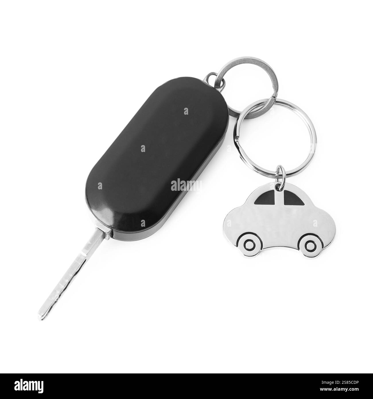 Chiave per auto con portachiavi isolato sul bianco, vista dall'alto. Comprare auto Foto Stock