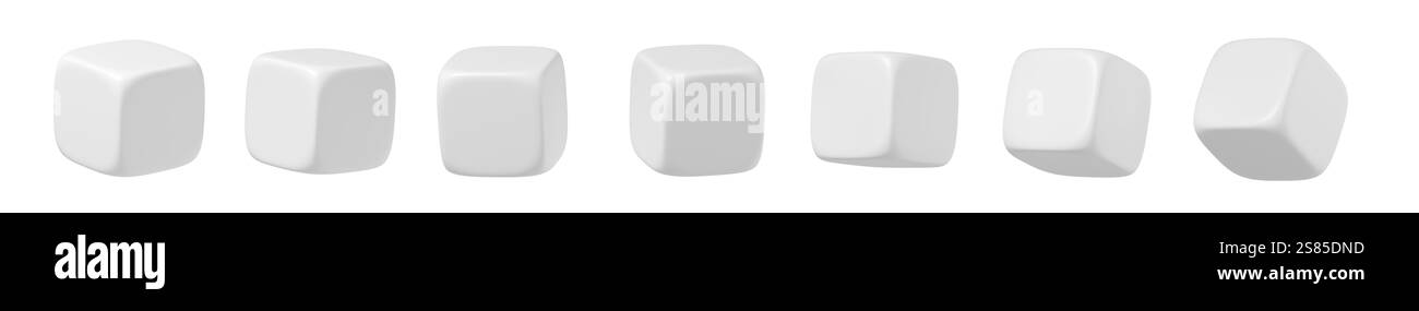 Dadi bianchi isolati su sfondo bianco. Angolazioni diverse. Vuoto. Set (Imposta). illustrazione 3d. Foto Stock
