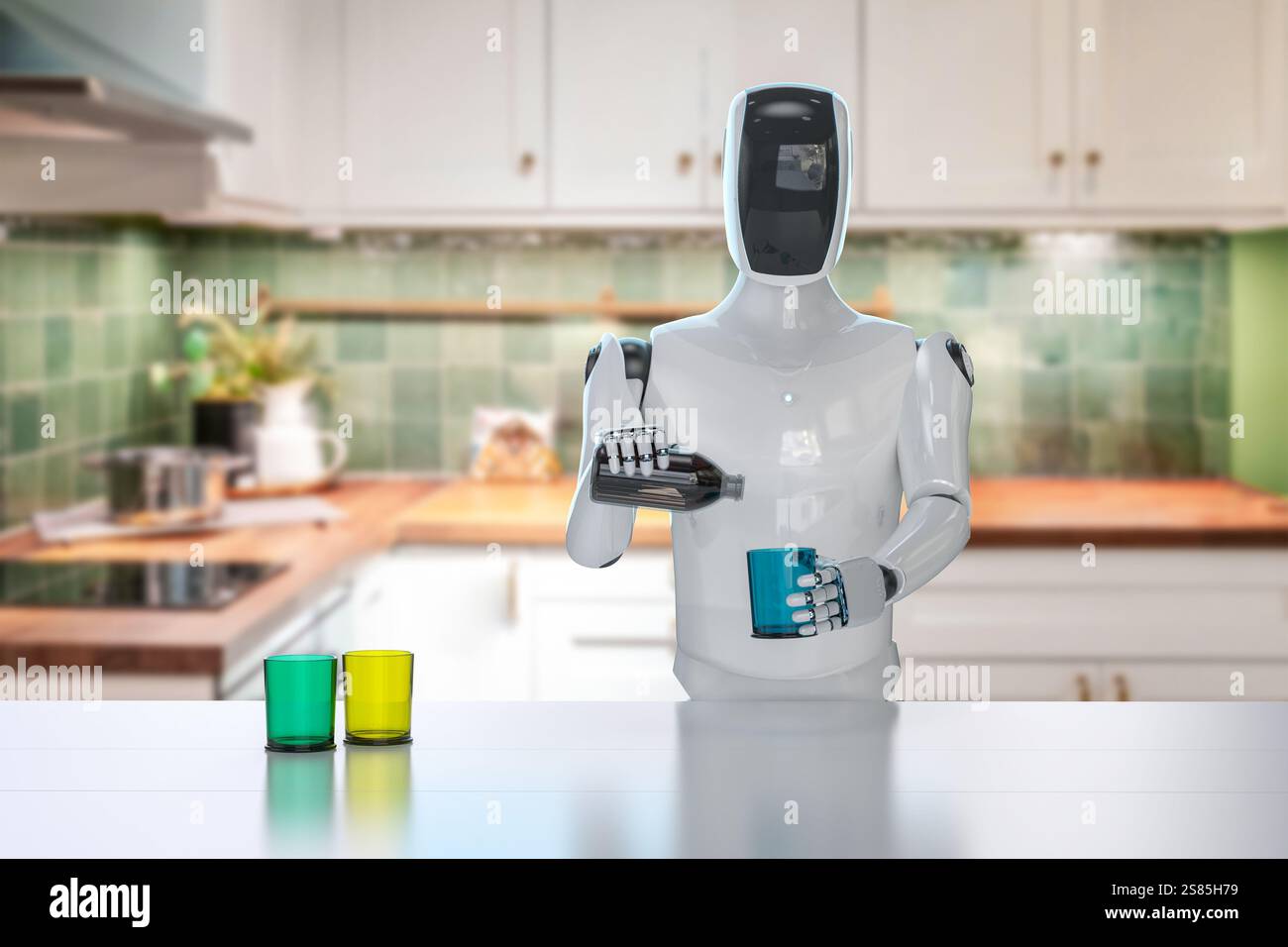 robot di rendering domestico 3d o cyborg in cucina Foto Stock