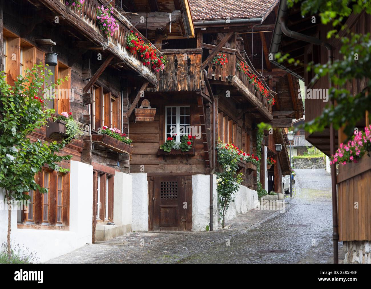 Chalet tradizionali, Brienz, Oberland Bernese, Svizzera Foto Stock