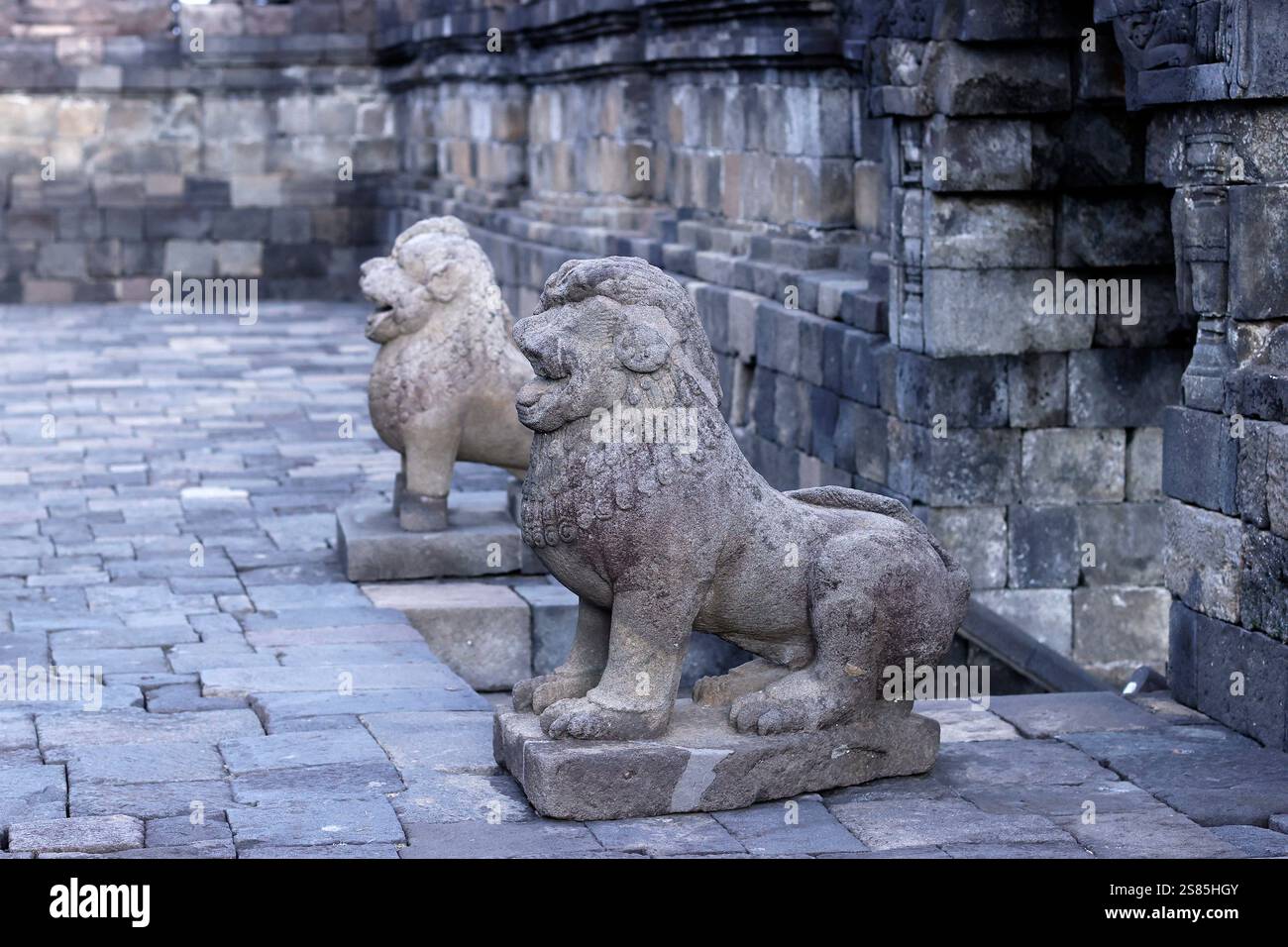 Statua del Leone, Borobudur, tempio buddista Mahayana del IX secolo, patrimonio mondiale dell'UNESCO, Giava, Indonesia Foto Stock