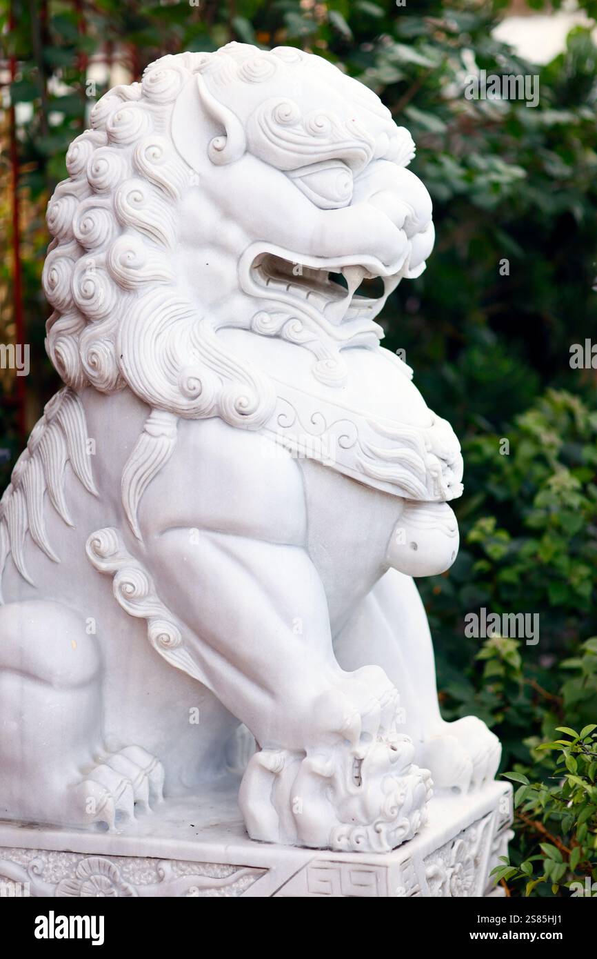 Statua del guardiano del Tempio del leone cinese che rappresenta la forza Yin, donna, una provincia di An Giang, Delta del Mekong, Vietnam Foto Stock