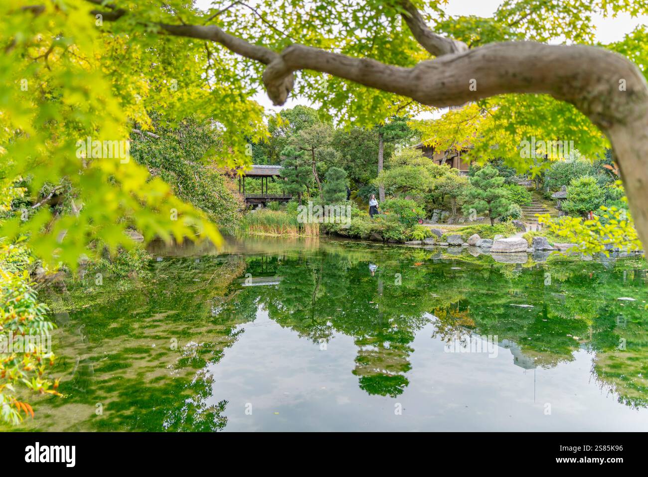 Vista del giardino Shoseien all'inizio dell'autunno, Shimogyo Ward, Higashitamamizucho, Kyoto, Honshu, Giappone Foto Stock