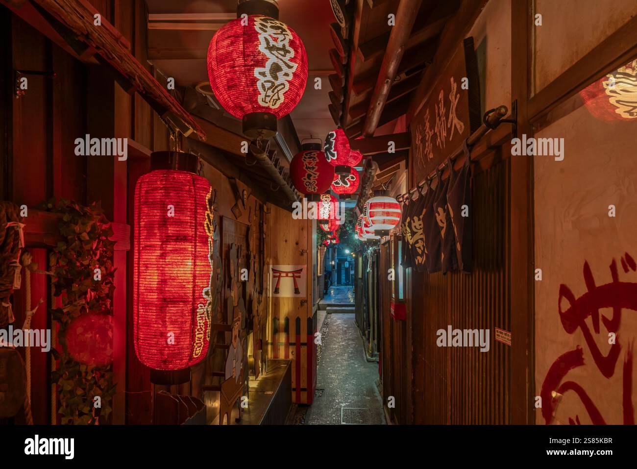 Vista delle lanterne giapponesi nel vicolo oscuro di Dotonbori, vivace quartiere dei divertimenti vicino al fiume, Osaka, Honshu, Giappone Foto Stock