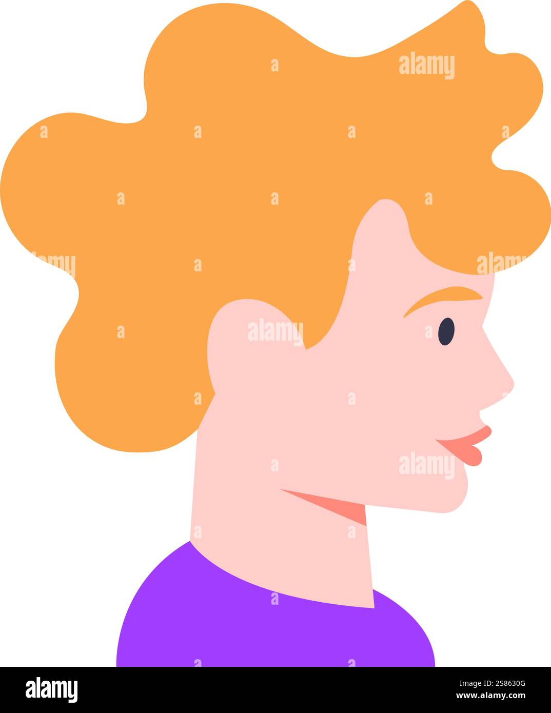Vista del profilo di un giovane uomo dai capelli arancioni vivaci che indossa una camicia viola, che guarda a destra con un design semplice e piatto. Illustrazione vettoriale Illustrazione Vettoriale