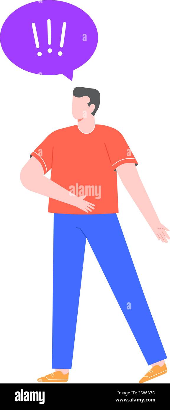 Giovane uomo in piedi con le gambe separate e una mano sullo stomaco, reagendo a una bolla di discorso viola contenente tre punti esclamativi bianchi Illustrazione Vettoriale