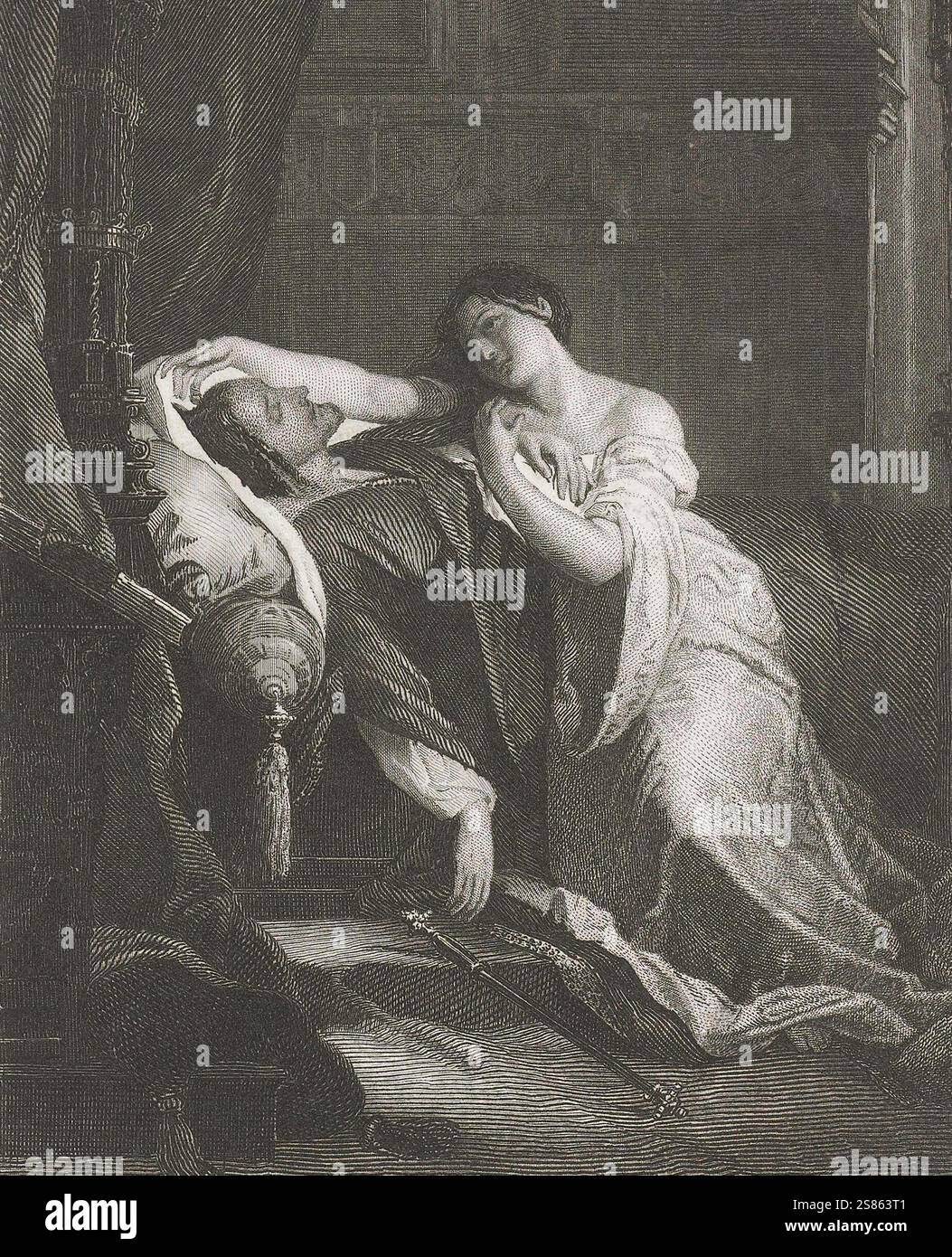 Johanna I. von Kastilien, genannt Johanna die Wahnsinnige, 6. Dal 1479 al 12 novembre. 1555 aprile, War ab 1504 Königin von Kastilien und ab 1516 Königin der Reiche der Krone von Aragonien, am Leichnam von Philipp I. von Kastilien, genannt der Schöne, 22. Juli 1478 bis 25. Settembre 1506, seit 1482 Herzog von Burgund. Von 1504 bis zu seinem Tod War er als Gemahl Johannas von Kastilien König von Kastilien und Leon, nach einem Kunstwerk von Johann Wilhelm Kaiser, Historisch, digital restaurierte Reproduktion von einer Vorlage aus dem 19. Jahrhundert Foto Stock