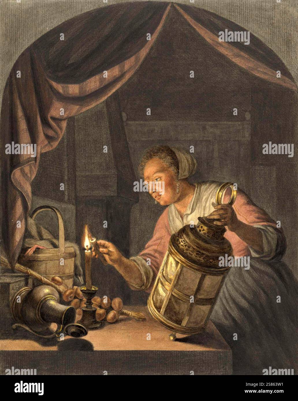 AbEnds, Mädchen, das eine Laterne in der Wohnung anzündet, 1795, Holland, Gemälde von Abraham Delfos, Historisch, digital restaurierte Reproduktion von einer Vorlage aus dem 19. Jahrhundert Foto Stock