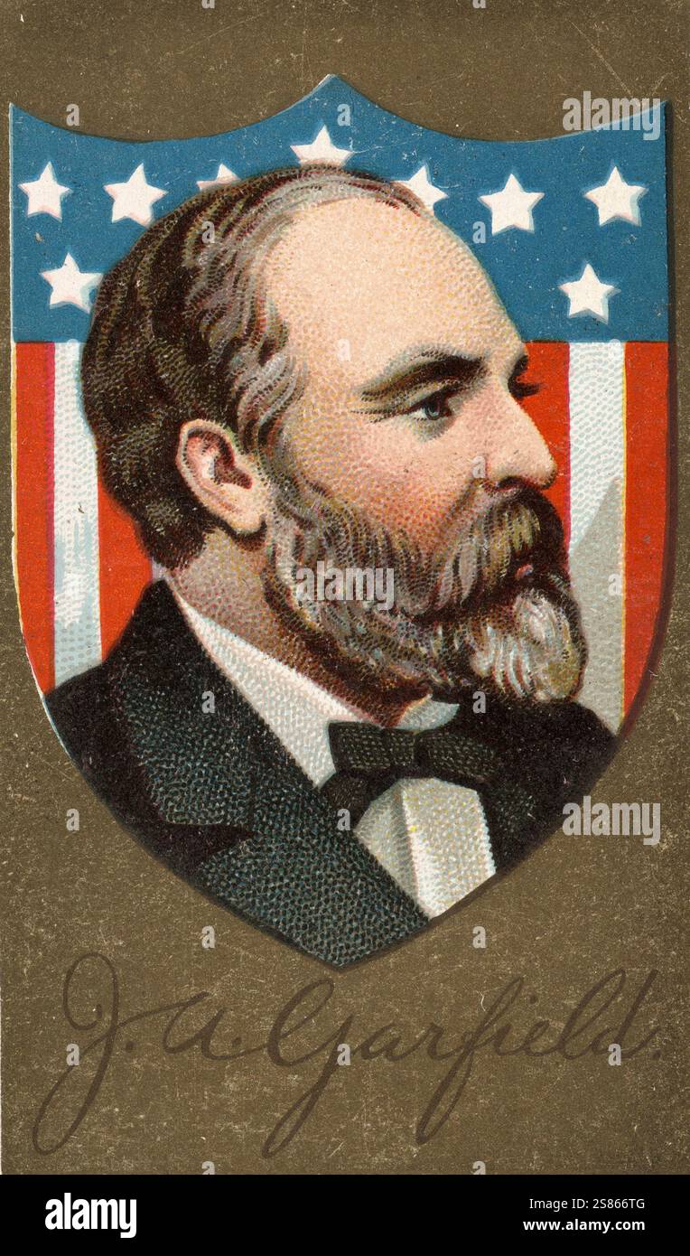 « Berühmte Personen der amerikanischen Geschichte, James Abram Garfield (* 19. Novembre 1831 a Orange Township (Heutiges Moreland Hills), contea di Cuyahoga, Ohio; † 19. Settembre 1881 a Elberon, Contea di Monmouth, New Jersey) guerra ein amerikanischer Politiker (Republikanische Partei) und vom 4. März 1881 bis zu seinem Tod infolge eines Attentats der 20. Präsident der Vereinigten Staaten, Historisch, digitale Reproduktion eines Sammelbild aus dem 19. Jahrhundert' Foto Stock