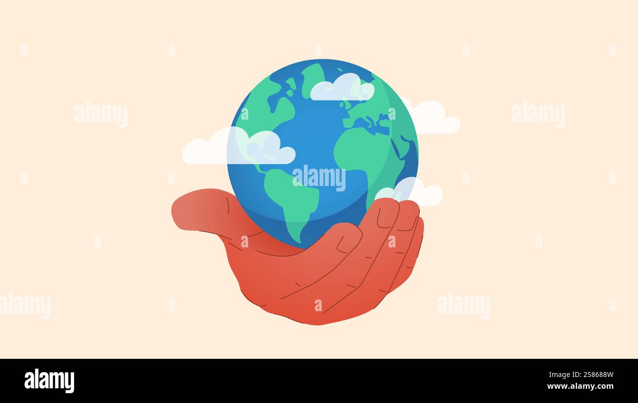 Illustrazione vettoriale del pianeta verde Terra sulla mano. Illustrazione Save the Planet, rappresenta pratiche sostenibili, protezione dell'ambiente Illustrazione Vettoriale
