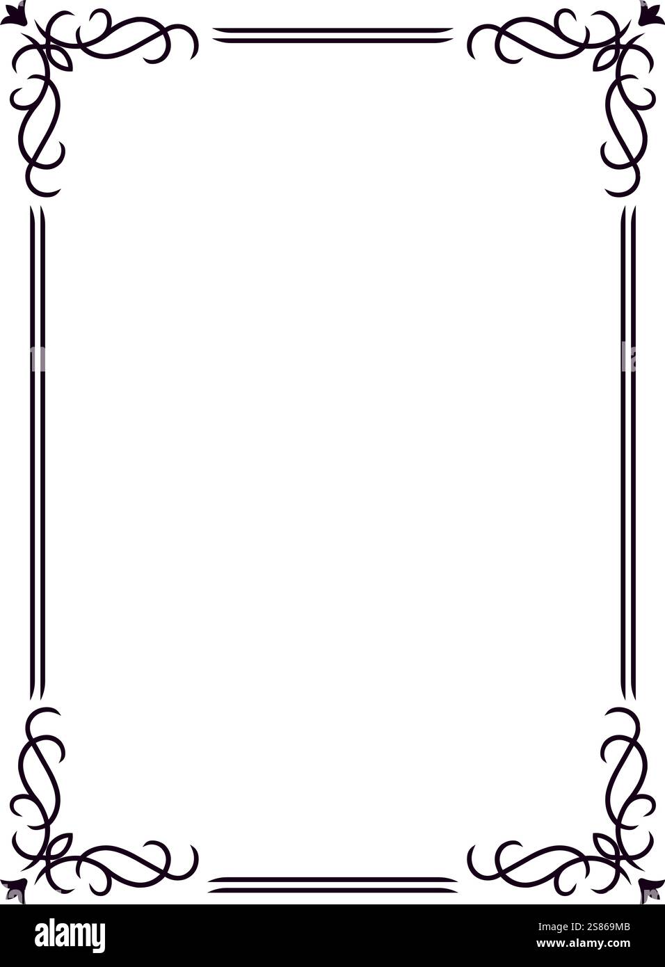 Elegante bordo rettangolare nero con vortici decorativi negli angoli che incorniciano uno spazio vuoto, ideale per certificati, inviti o. Illustrazione Vettoriale