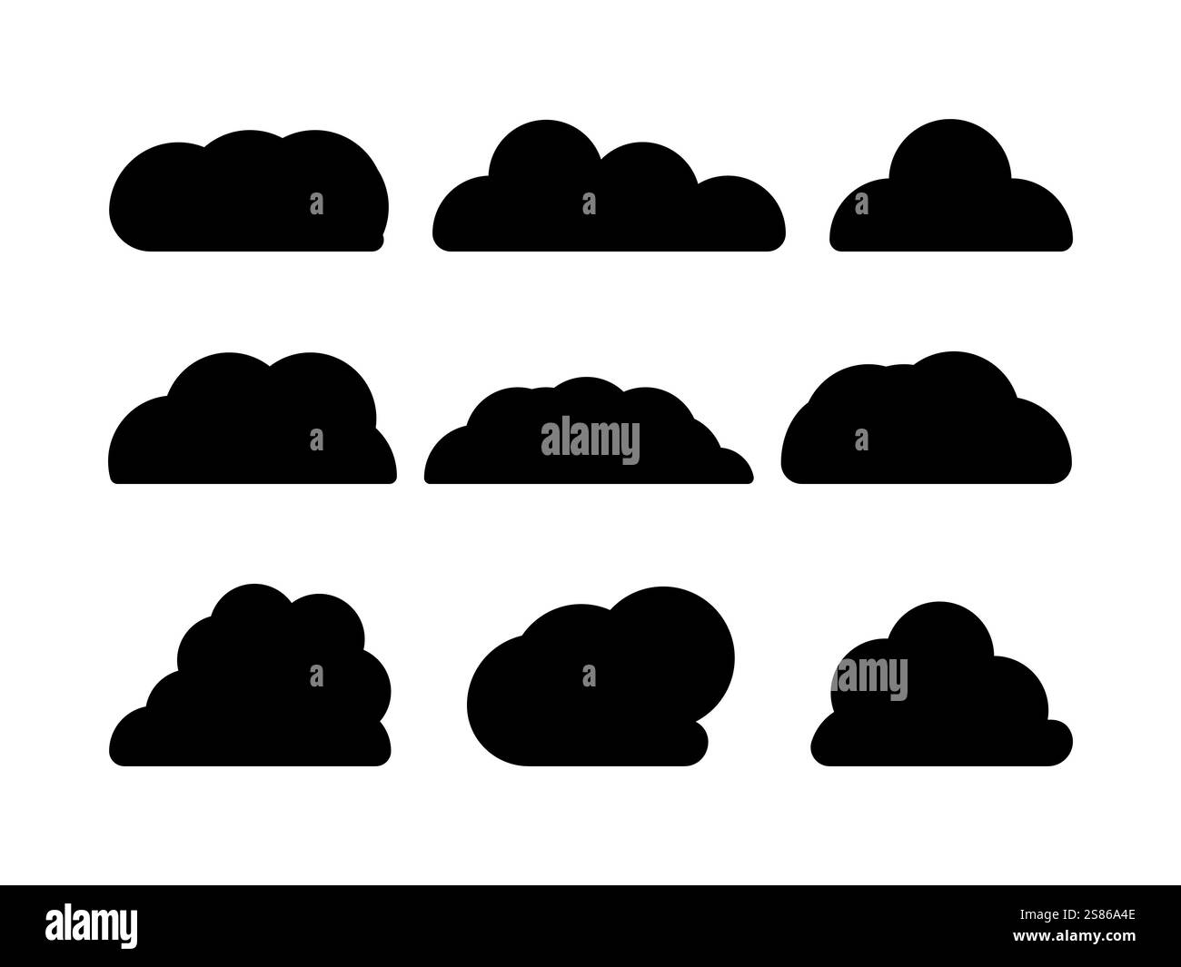 Set di design nuvola di colore nero. Le nuvole sono ricche di texture, con strati di neri profondi e grigi fumosi icona Cloud, design a forma di nuvola per logo, Web. Illustrazione Vettoriale