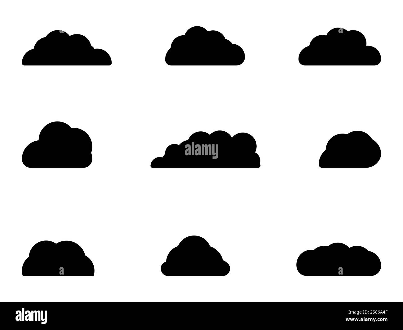 Set di design nuvola di colore nero. Le nuvole sono ricche di texture, con strati di neri profondi e grigi fumosi icona Cloud, design a forma di nuvola per logo, Web. Illustrazione Vettoriale