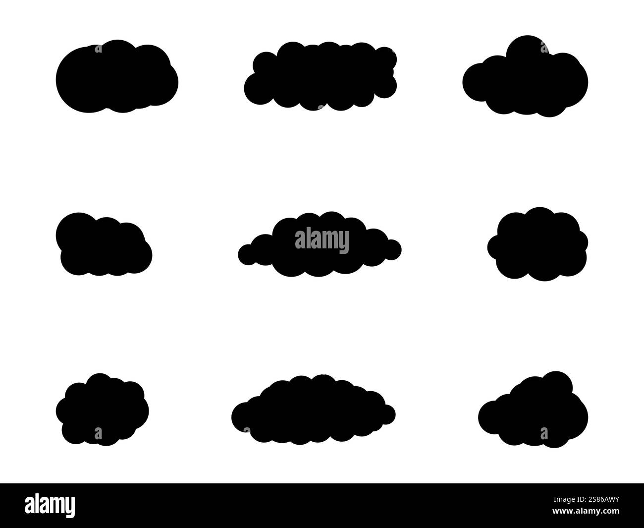 Set di design nuvola di colore nero. Le nuvole sono ricche di texture, con strati di neri profondi e grigi fumosi icona Cloud, design a forma di nuvola per logo, Web. Illustrazione Vettoriale