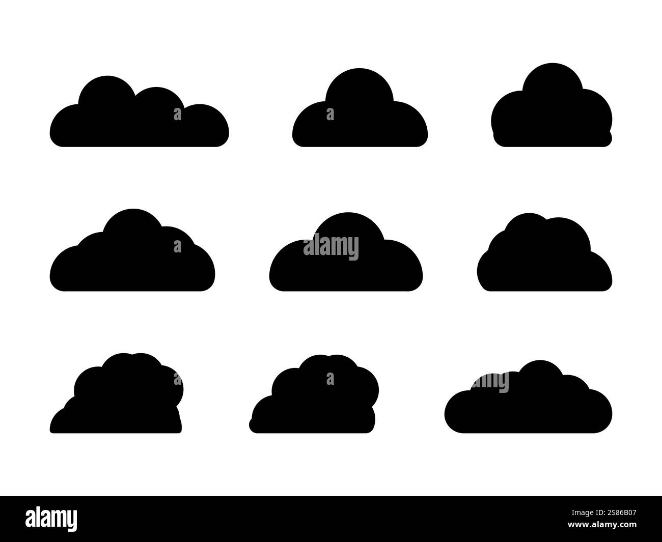 Set di design nuvola di colore nero. Le nuvole sono ricche di texture, con strati di neri profondi e grigi fumosi icona Cloud, design a forma di nuvola per logo, Web. Illustrazione Vettoriale